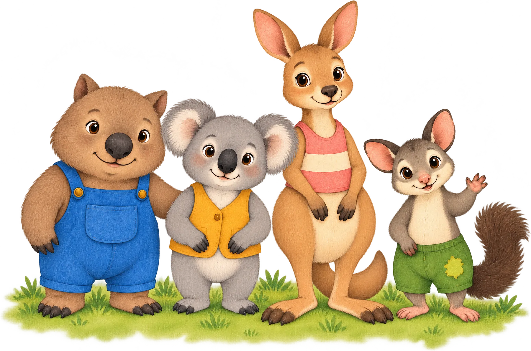 Ned the wombat in blue overalls, Tilly the koala in a yellow vest, Romy the kangaroo in a striped top and Pip the possum in green shorts, standing together on the grass and smiling. Pip is waving.