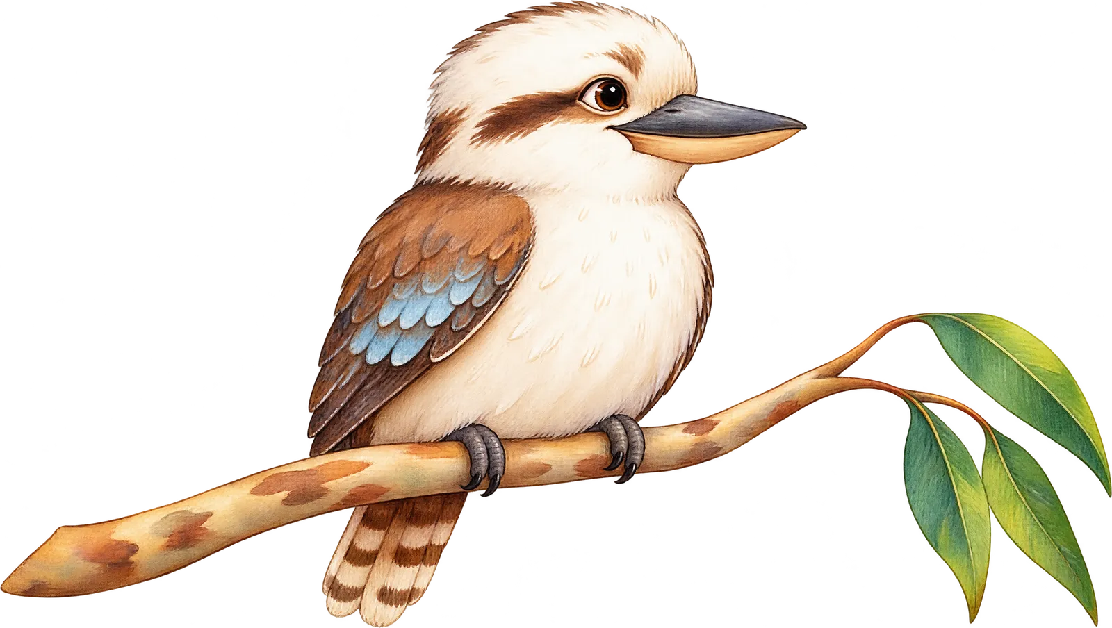 A kookaburra perched on a gum branch, looking on with a friendly smile.
