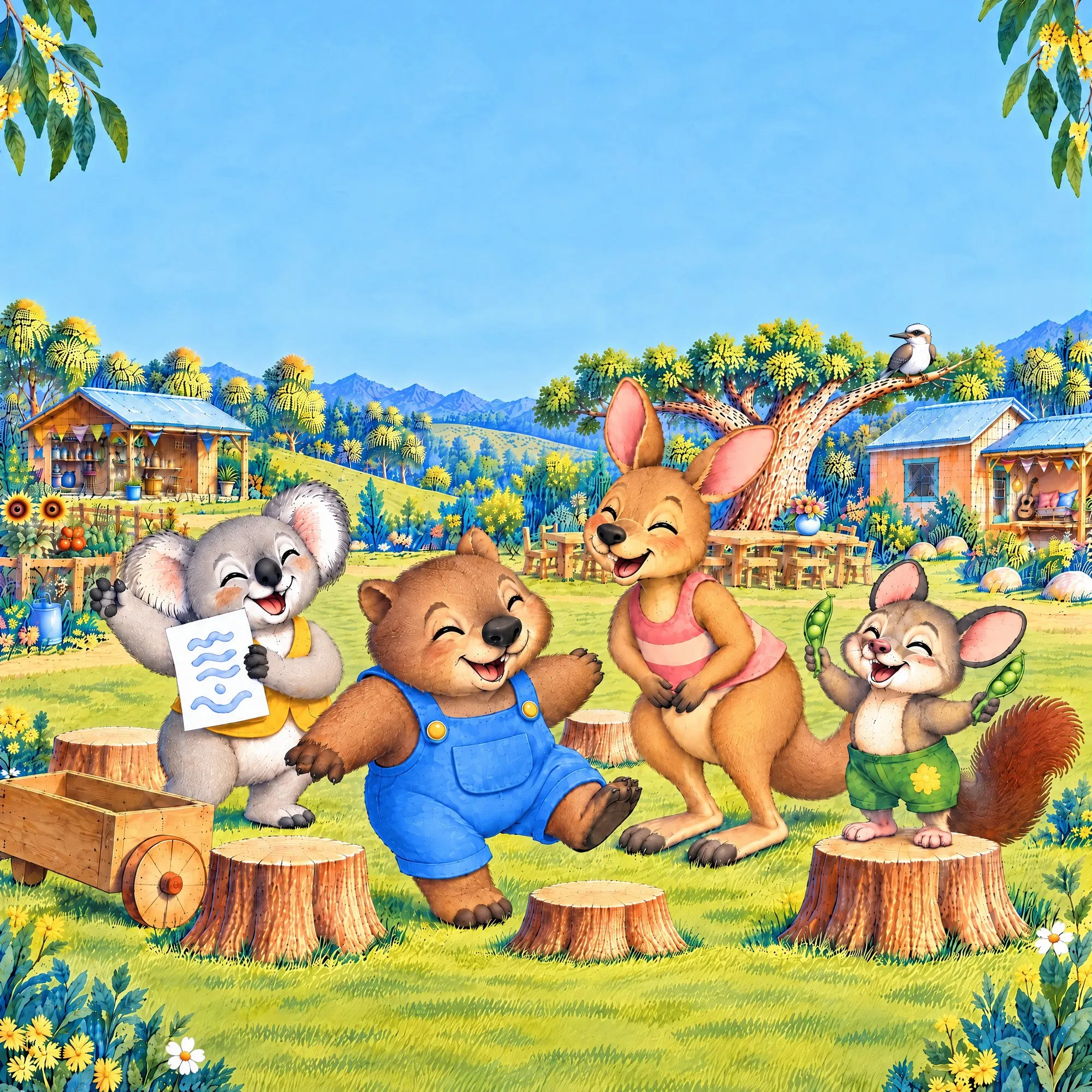 Tilly the koala, Ned the wombat, Romy the kangaroo and Pip the possum laughing together among tree stumps on a sunny lawn, with gum trees, cottages, a shed and blue hills behind them and a kookaburra watching from a branch.