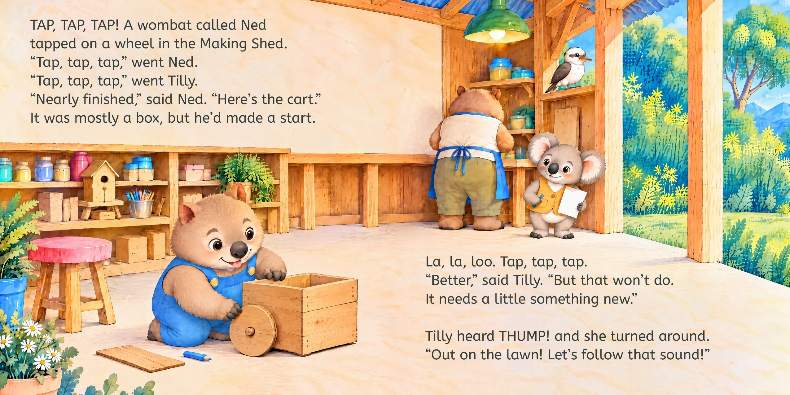 Pages 6 and 7. In the Making Shed, Ned the wombat works on a wooden cart while Tilly watches. Text: “TAP, TAP, TAP! A wombat called Ned tapped on a wheel in the Making Shed. “Tap, tap, tap,” went Ned. “Tap, tap, tap,” went Tilly. “Nearly finished,” said Ned. “Here’s the cart.” It was mostly a box, but he’d made a start. La, la, loo. Tap, tap, tap. “Better,” said Tilly. “But that won’t do. It needs a little something new.” Tilly heard THUMP! and she turned around. “Out on the lawn! Let’s follow that sound!””