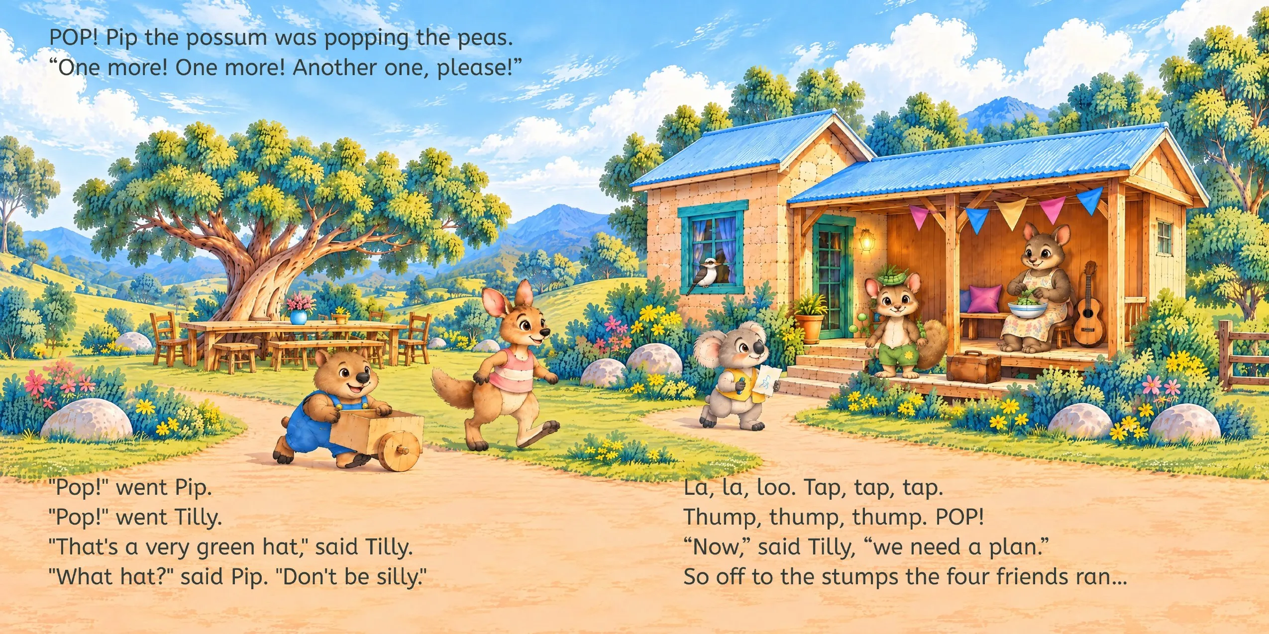 Pages 10 and 11. Pip the possum stands on a porch beside a grown-up with a bowl of peas, a leafy green hat on his head. Ned pushes his wooden cart, Romy hops along and Tilly walks over holding her paper. Text: “POP! Pip the possum was popping the peas. “One more! One more! Another one, please!” “Pop!” went Pip. “Pop!” went Tilly. “That’s a very green hat,” said Tilly. “What hat?” said Pip. “Don’t be silly.” La, la, loo. Tap, tap, tap. Thump, thump, thump. POP! “Now,” said Tilly, “we need a plan.” So off to the stumps the four friends ran…”